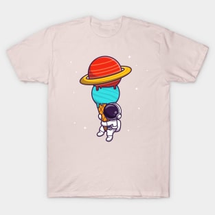 Cute Astronaut Holding Ice Cream Planet Cartoon T-Shirt